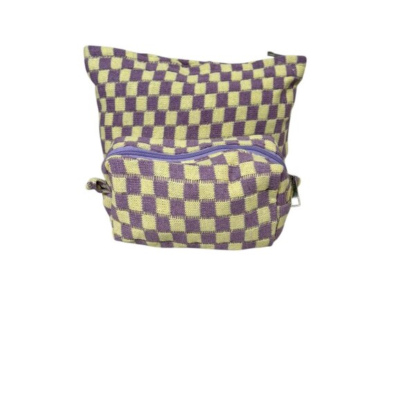 NEW 2Pcs Checkered Cosmetic Bag and Brush Bag - Yellow/Purple - Picture 1 of 7
